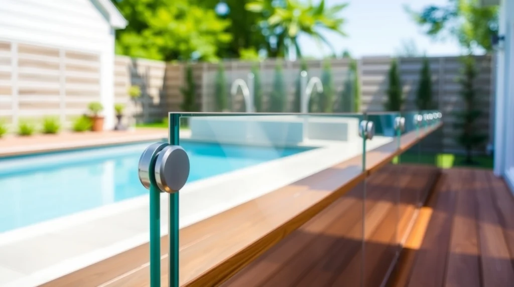 Close-up of a frameless glass pool fencing